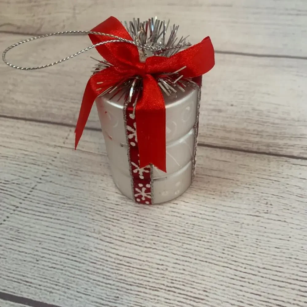 Glass Present Christmas Ornament Silver Stacked Gift Box Red Ribbon Tinsel 4